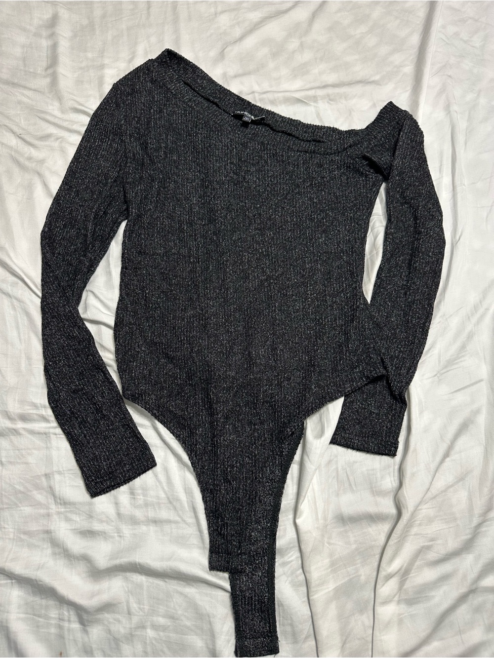 Fashion Nova Off-Shoulder Ribbed Bodysuit - Charcoal Black